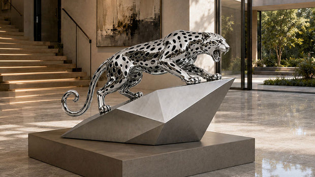 Contemporary animal sculpture displayed in a luxury architectural interior space with modern residential design.
