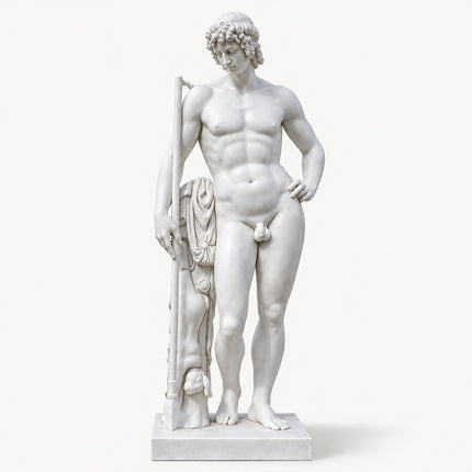 Natural marble Adonis statue depicting a standing classical male figure with draped support