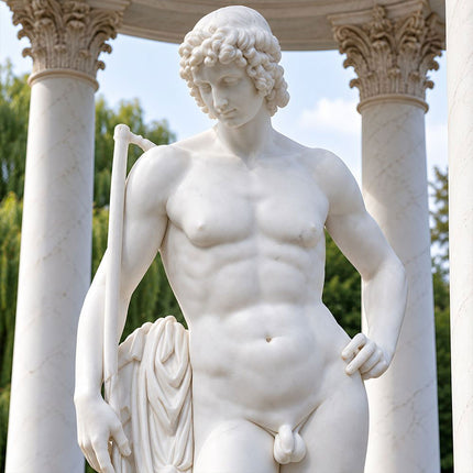 Close-up of the carved anatomy, curled hair, and facial details on a marble Adonis statue