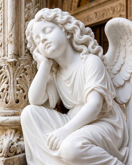Close-up detail of carved marble angel sculpture showing facial and wing details