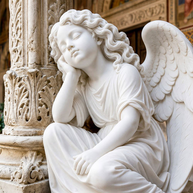 Close-up detail of carved marble angel sculpture showing facial and wing details