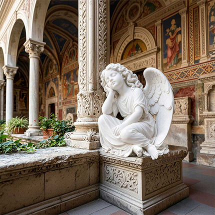 Marble angel statue displayed in a classical church architecture setting