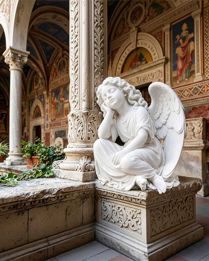 Marble angel statue displayed in a classical church architecture setting