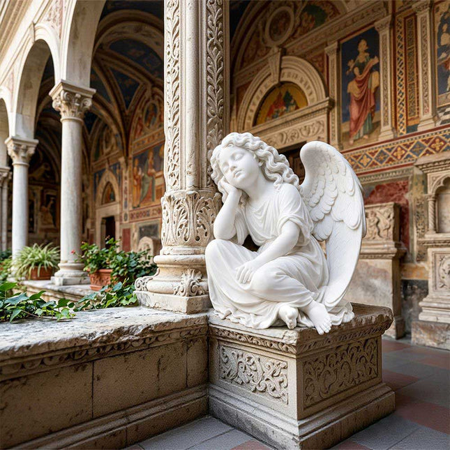 Marble angel statue displayed in a classical church architecture setting
