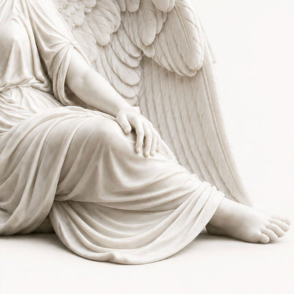 Marble angel statue detail showing layered wing feathers, hand, and flowing drapery