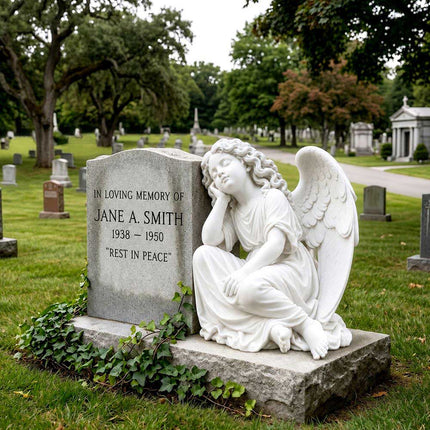 Marble angel memorial statue placed in a cemetery garden landscape