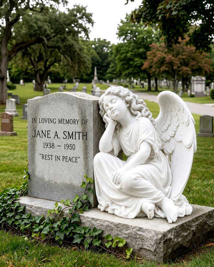 Marble angel memorial statue placed in a cemetery garden landscape