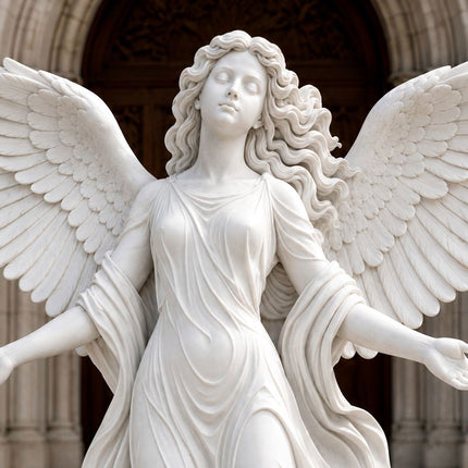 Close-up detail of handcrafted marble angel statue wings and carving