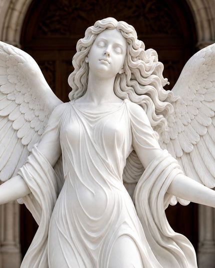 Close-up detail of handcrafted marble angel statue wings and carving