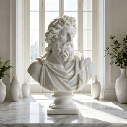 White marble bust sculpture displayed in an illuminated architectural wall niche