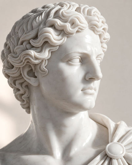 Close-up detail of carved marble bust sculpture facial features