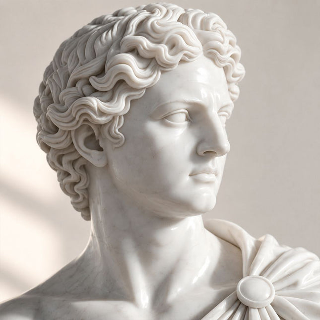 Close-up detail of carved marble bust sculpture facial features