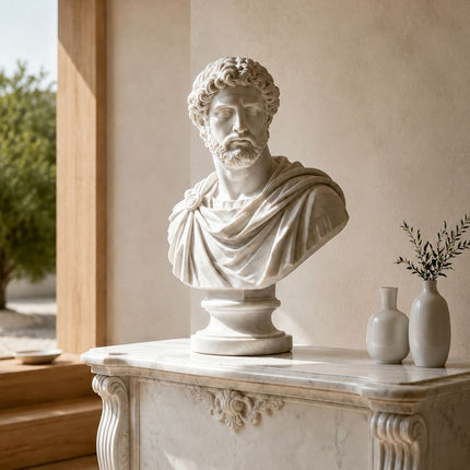 Classical marble bust sculpture displayed in a luxury interior space