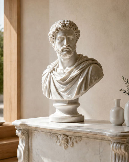 Classical marble bust sculpture displayed in a luxury interior space