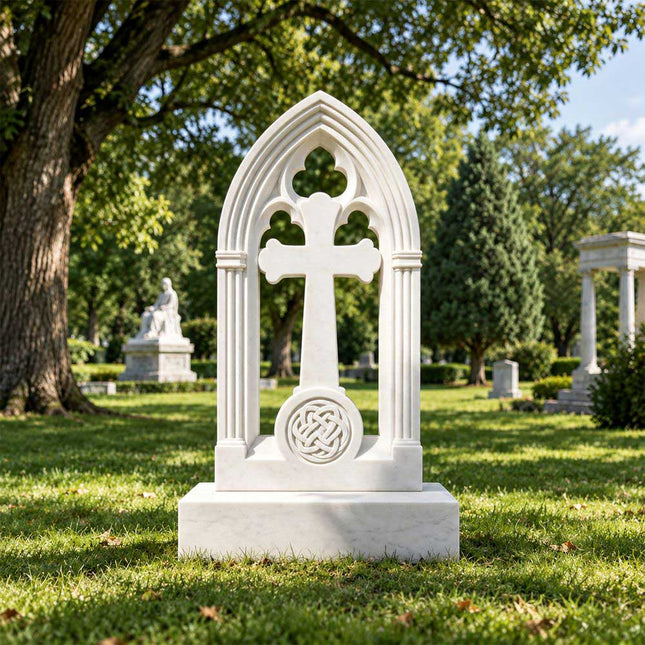 Gothic arch marble cross headstone displayed in a landscaped cemetery.