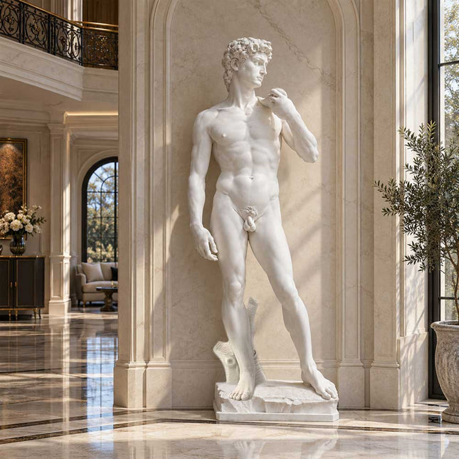 White marble David statue displayed beside a stone wall in an elegant private residential interior
