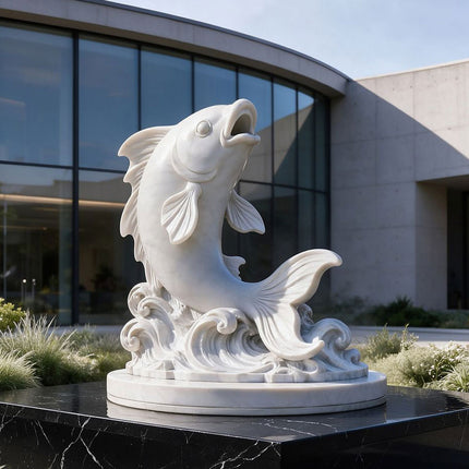 White marble fish and wave sculpture displayed on a dark stone pedestal outside a modern building.