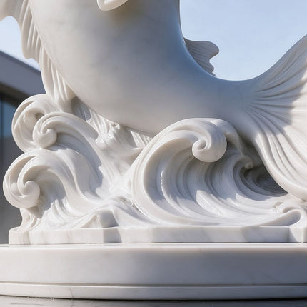 Close-up of intricately carved marble ocean waves beneath a leaping fish sculpture.