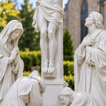Close-up of the carved figures, hands, faces, and drapery surrounding the marble Crucifixion scene