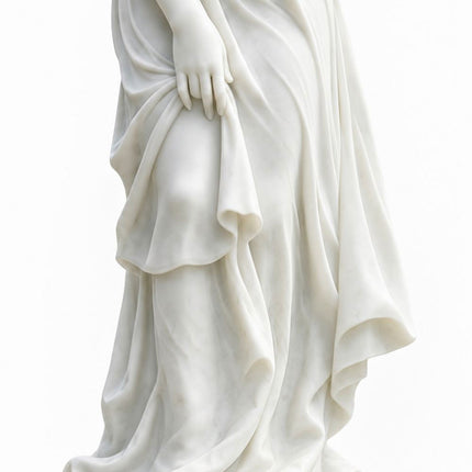 Close-up of the carved hand and gathered marble drapery along the female figure