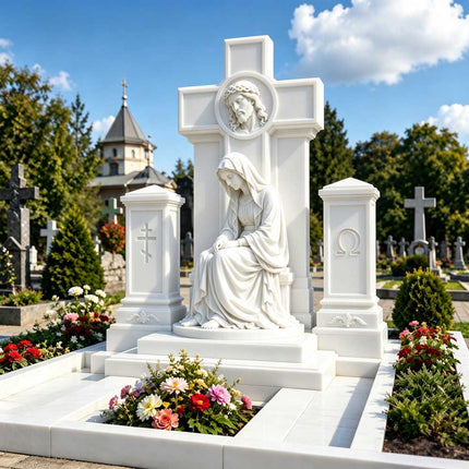 White marble Virgin Mary headstone with a cross and matching side pillars in a cemetery plot surrounded by flowers