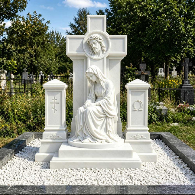 White marble Virgin Mary headstone with a seated Mary statue and tall cross, displayed within a cemetery plot filled with white decorative gravel