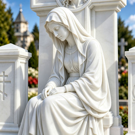 Close-up of the seated Virgin Mary statue in white marble, showing her bowed head, hands resting on her lap, and flowing robes