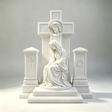 White marble Virgin Mary headstone with a seated Mary statue, tall cross, Jesus relief, two side pillars, and a stepped base on a plain background