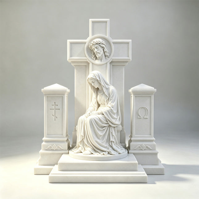 White marble Virgin Mary headstone with a seated Mary statue, tall cross, Jesus relief, two side pillars, and a stepped base on a plain background