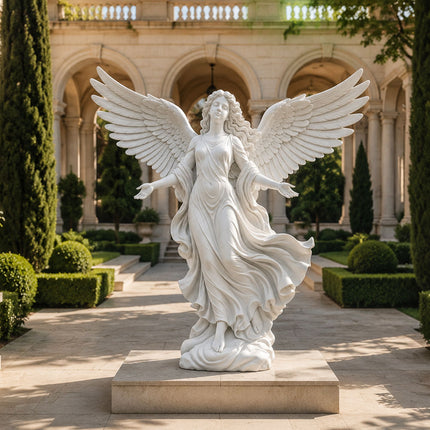 Marble winged angel statue displayed in a classical estate garden setting