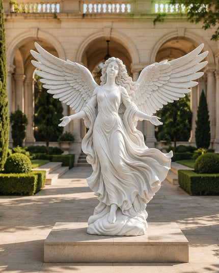 Marble winged angel statue displayed in a classical estate garden setting