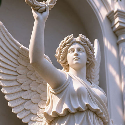 Close-up of the carved face, laurel crown, and feathered wings on a marble Winged Victory statue