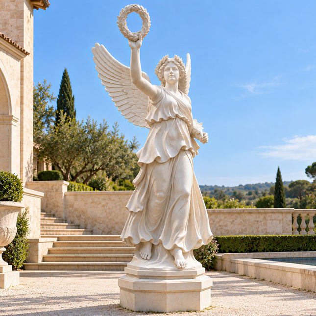 Marble Winged Victory statue with raised laurel wreath displayed in an estate garden