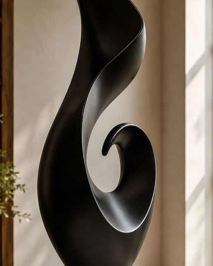 Close detail of matte black stainless steel surface and sculptural curved form