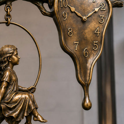 Melting clock draped over a sculpted tree branch with warm bronze highlights