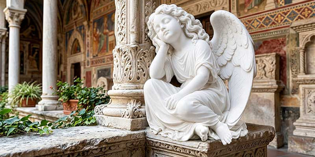 Marble angel sculpture displayed in a sacred architectural space for memorial and contemplative environments