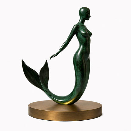 Mermaid figure bronze sculpture with green patina finish on display base