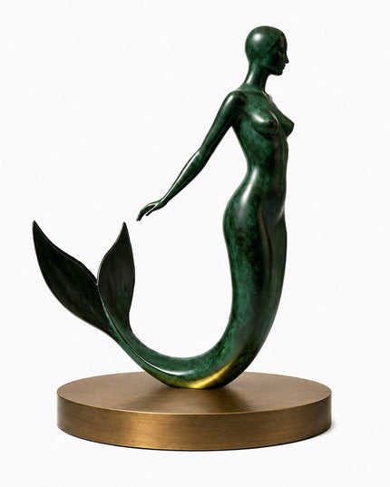 Mermaid figure bronze sculpture with green patina finish on display base