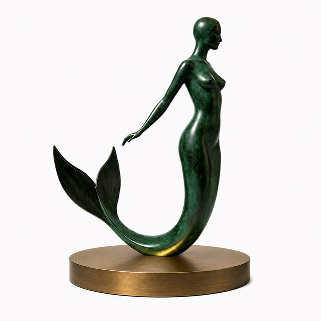 Mermaid figure bronze sculpture with green patina finish on display base