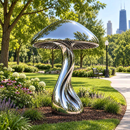 Mirror polished stainless steel mushroom sculpture installed in a landscaped garden with flowering plants and a nearby walkway