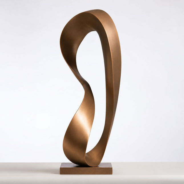 Minimalist bronze sculpture with a continuous twisted ribbon, asymmetrical open loop, and rectangular base.