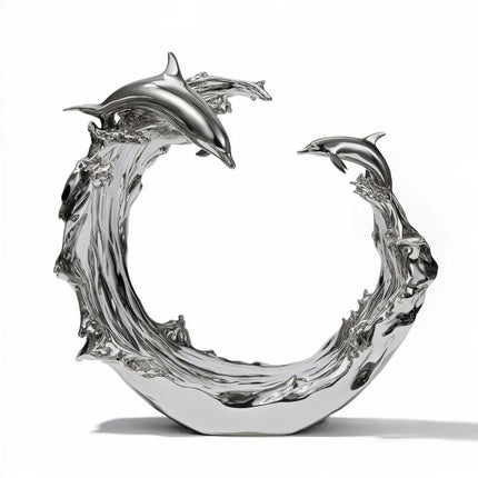 Mirror polished stainless steel sculpture of two dolphins rising above a circular ocean wave