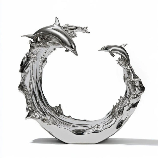 Mirror polished stainless steel sculpture of two dolphins rising above a circular ocean wave