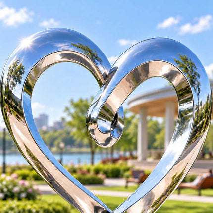 Close-up of the mirror-polished metal curves and inward-curling end of a heart sculpture.