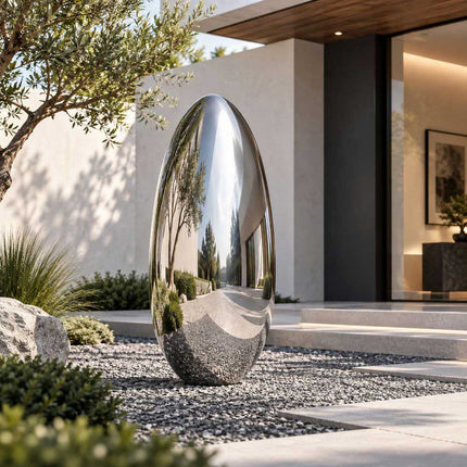 Mirror polished minimalist stainless steel sculpture in a modern outdoor garden