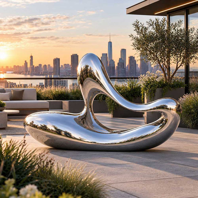 Flowing stainless steel sculpture with a reflective organic form displayed on a contemporary private terrace overlooking the city.