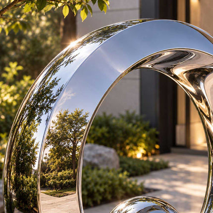 Close-up of the mirror polished stainless steel ring showing its smooth curved surface and reflective finish.