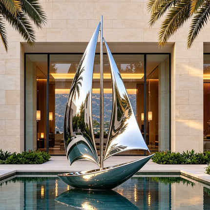 Mirror-polished sailboat sculpture displayed in a water feature at a contemporary residence