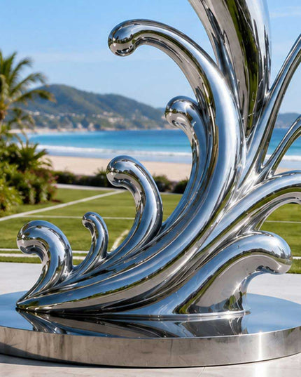 Close detail of mirror polished stainless steel surface on dolphin sculpture