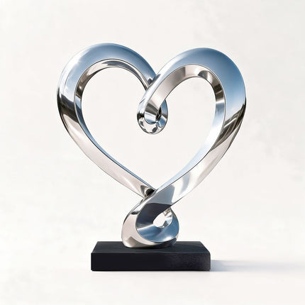 Mirror-polished heart sculpture displayed on a dark rectangular pedestal in a contemporary residential interior.